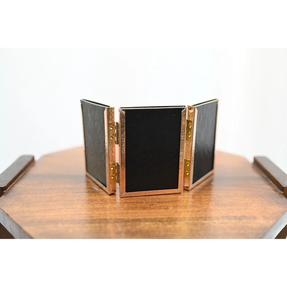 Vintage Triple Brass Picture Frame 2.25x3.25 Folding Gold Beaded Tabletop Frame